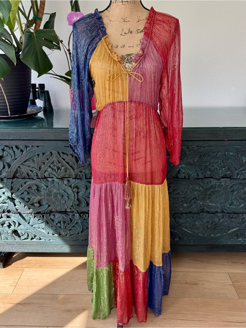 Bohemian Sheer Colorblock Metallic Maxi Dress - Multicolor